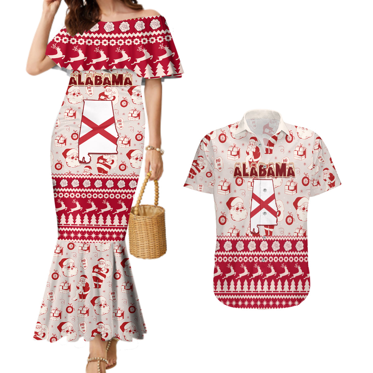 Custom Alabama Christmas Couples Matching Mermaid Dress and Hawaiian Shirt Santa Claus Xmas Pattern - Wonder Print Shop