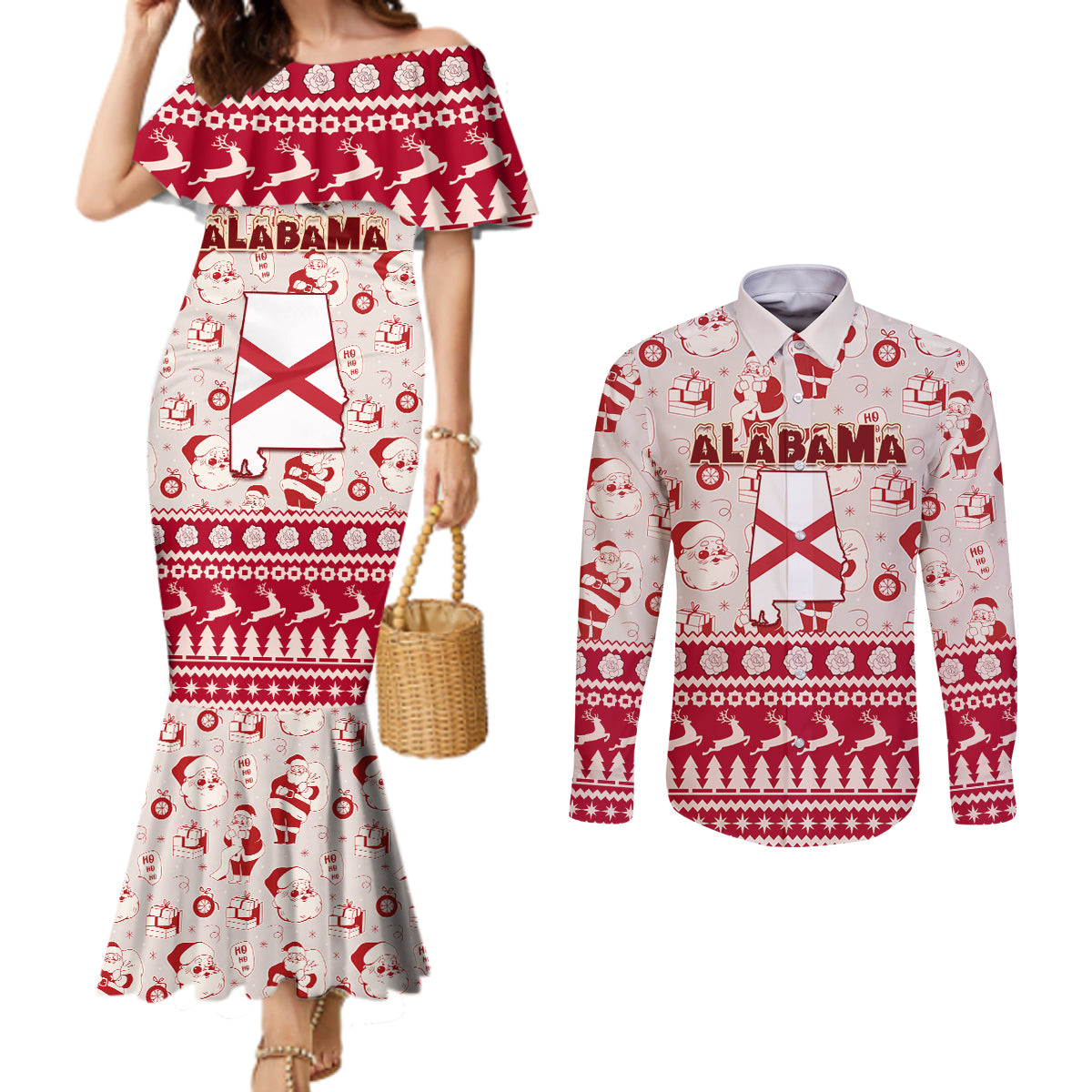 custom-alabama-christmas-couples-matching-mermaid-dress-and-long-sleeve-button-shirt-santa-claus-xmas-pattern
