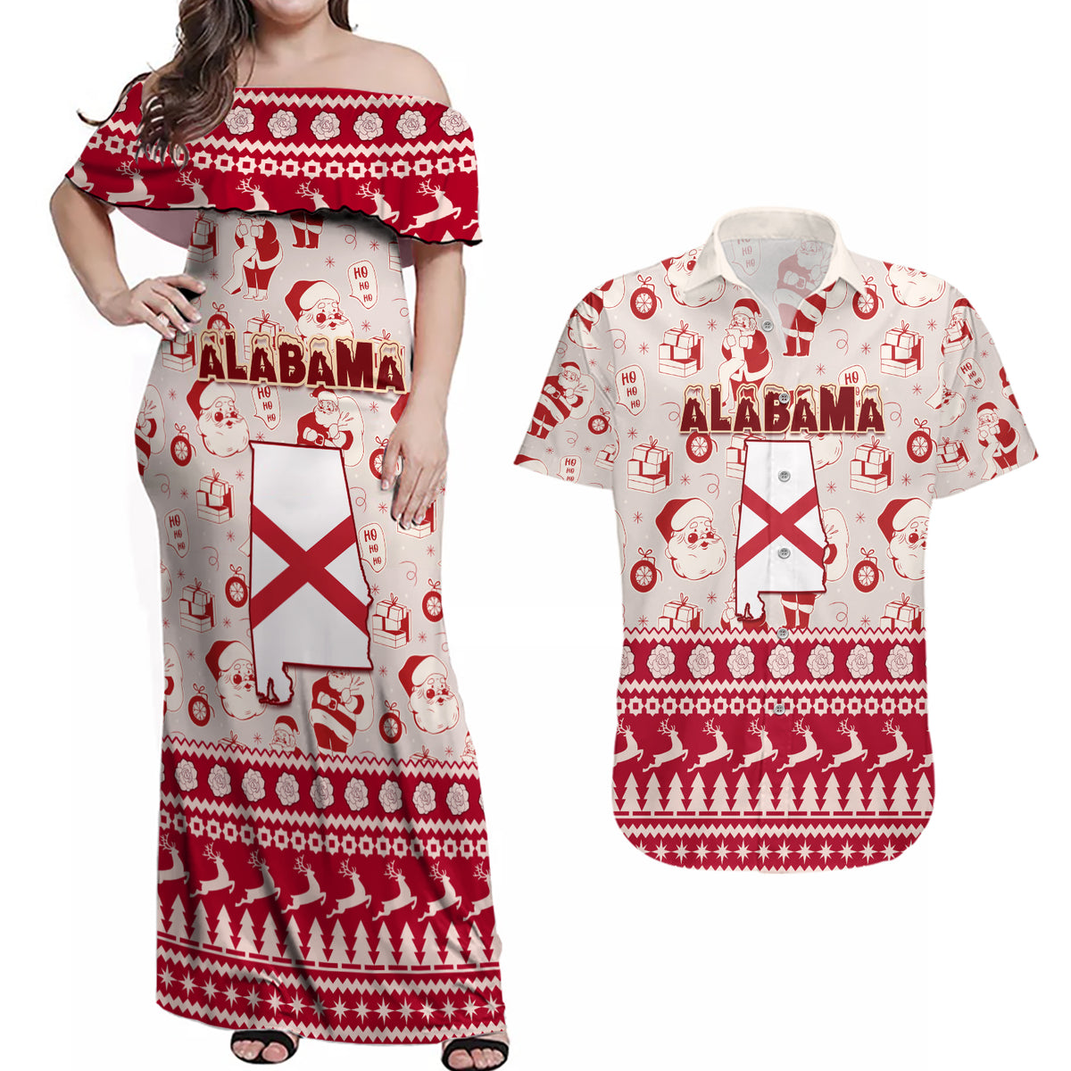 Custom Alabama Christmas Couples Matching Off Shoulder Maxi Dress and Hawaiian Shirt Santa Claus Xmas Pattern - Wonder Print Shop