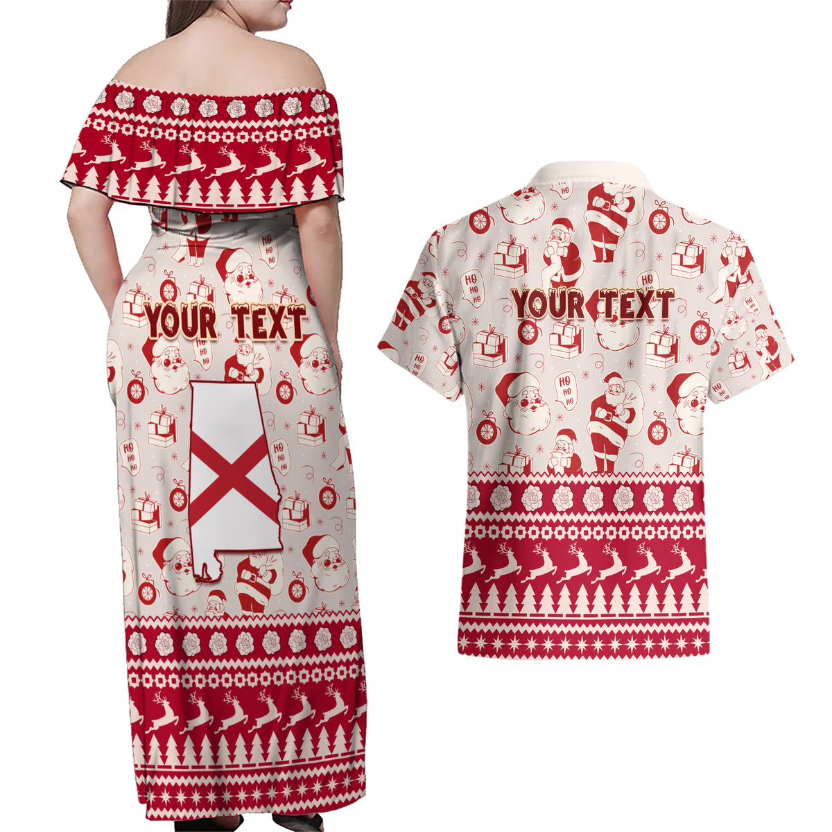 Custom Alabama Christmas Couples Matching Off Shoulder Maxi Dress and Hawaiian Shirt Santa Claus Xmas Pattern - Wonder Print Shop