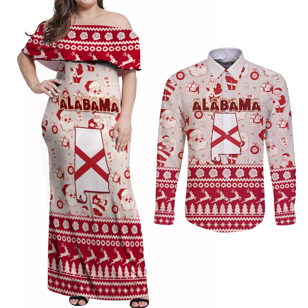 Custom Alabama Christmas Couples Matching Off Shoulder Maxi Dress and Long Sleeve Button Shirt Santa Claus Xmas Pattern - Wonder Print Shop