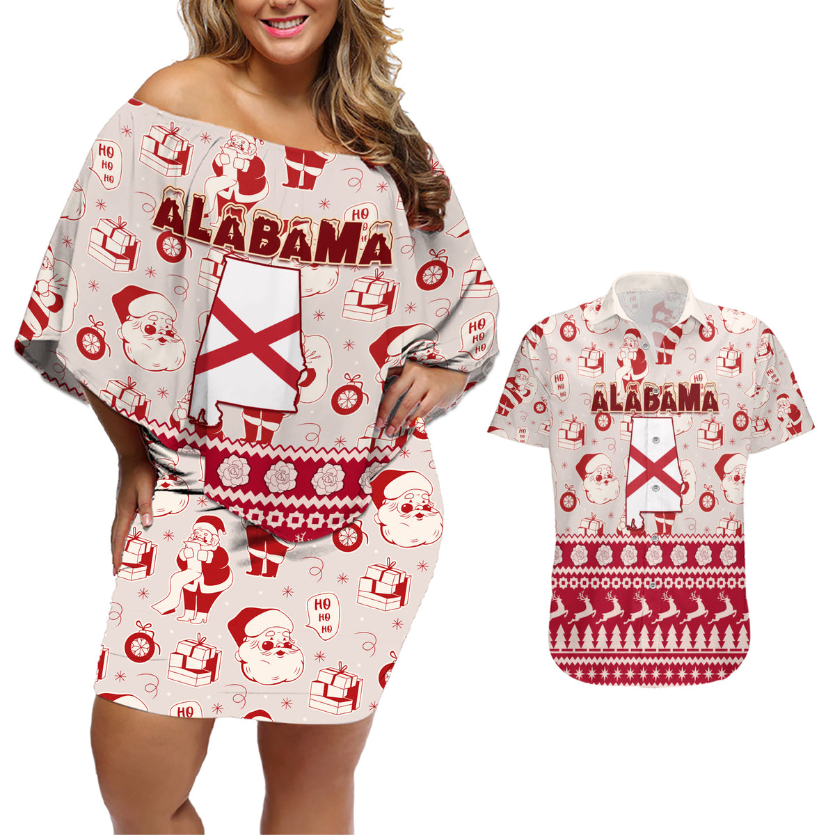Custom Alabama Christmas Couples Matching Off Shoulder Short Dress and Hawaiian Shirt Santa Claus Xmas Pattern - Wonder Print Shop