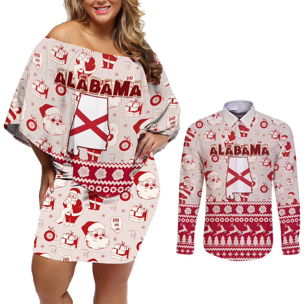 Custom Alabama Christmas Couples Matching Off Shoulder Short Dress and Long Sleeve Button Shirt Santa Claus Xmas Pattern - Wonder Print Shop