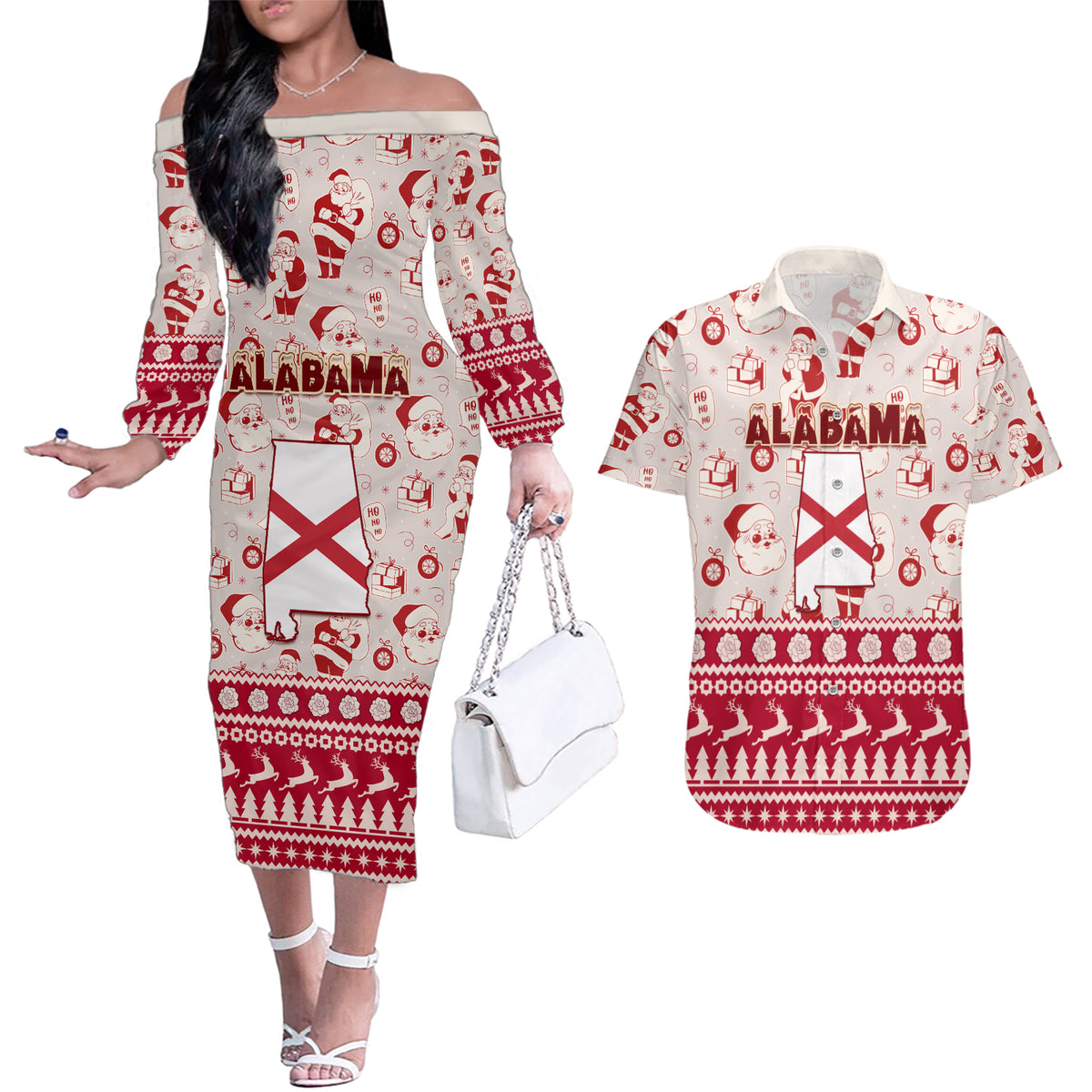 Custom Alabama Christmas Couples Matching Off The Shoulder Long Sleeve Dress and Hawaiian Shirt Santa Claus Xmas Pattern - Wonder Print Shop