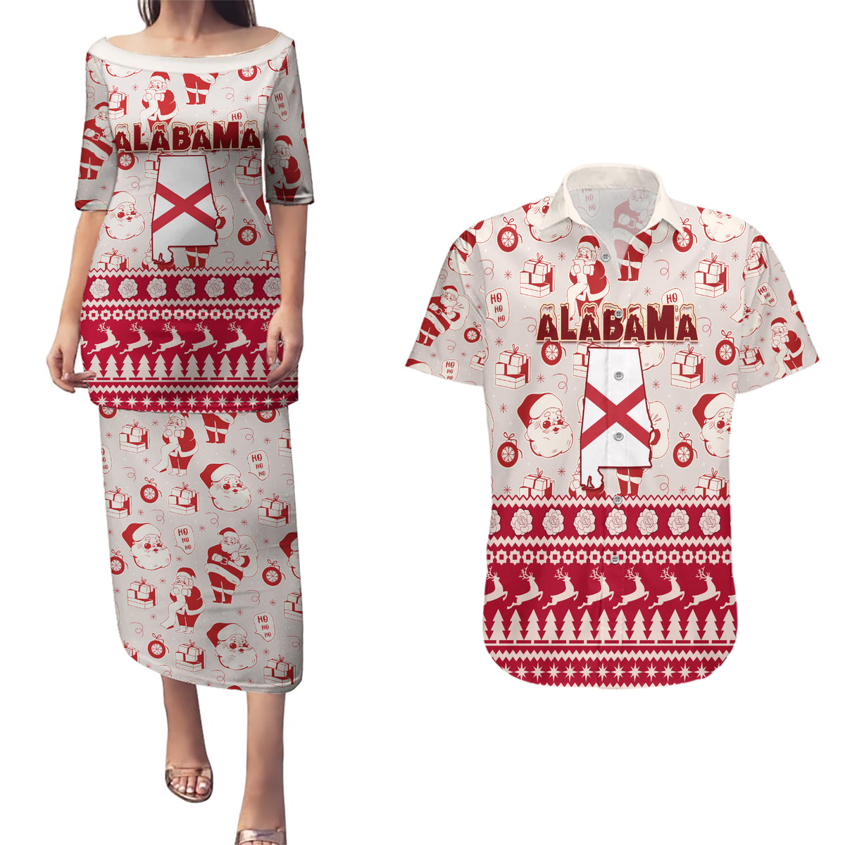 Custom Alabama Christmas Couples Matching Puletasi Dress and Hawaiian Shirt Santa Claus Xmas Pattern - Wonder Print Shop