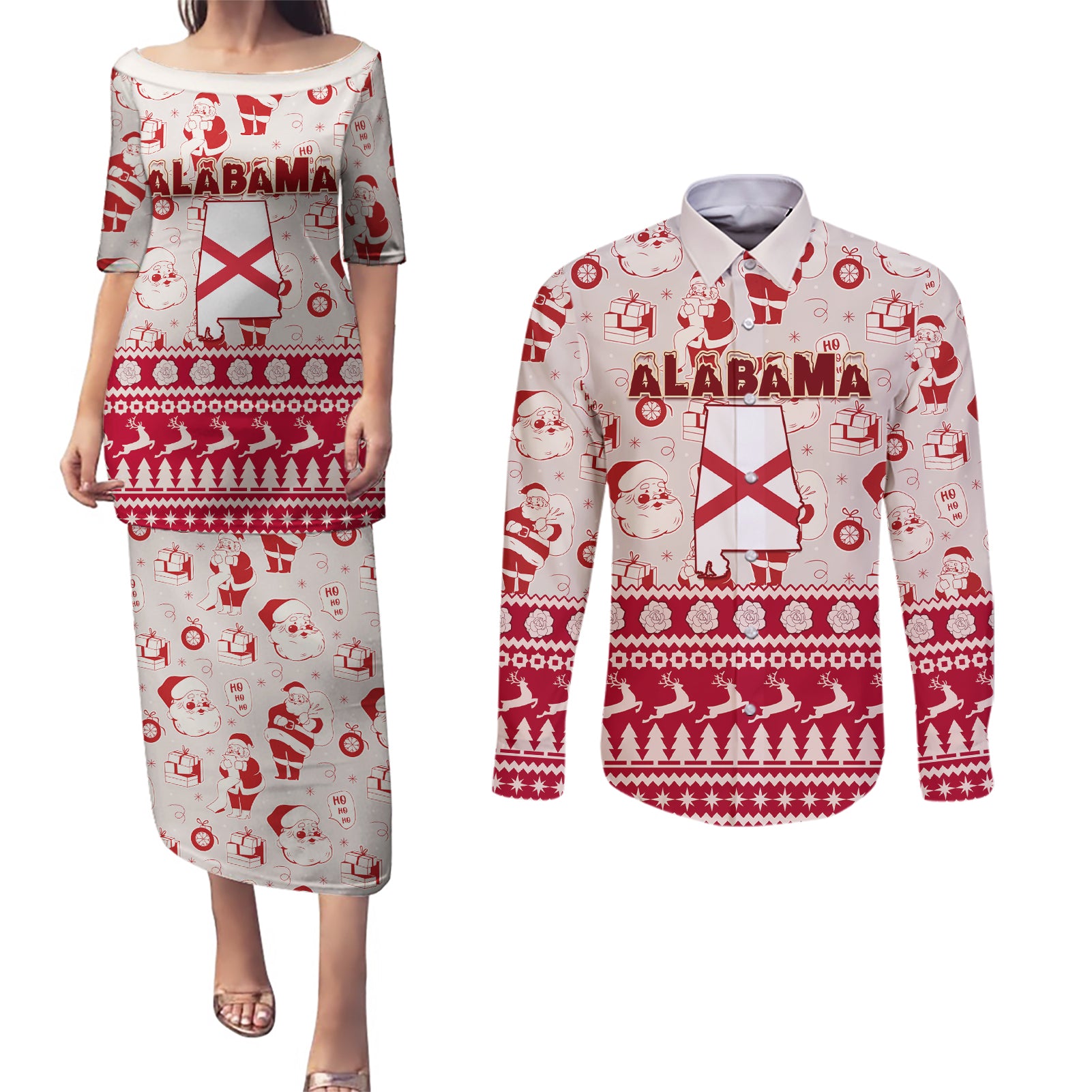 Custom Alabama Christmas Couples Matching Puletasi Dress and Long Sleeve Button Shirt Santa Claus Xmas Pattern - Wonder Print Shop