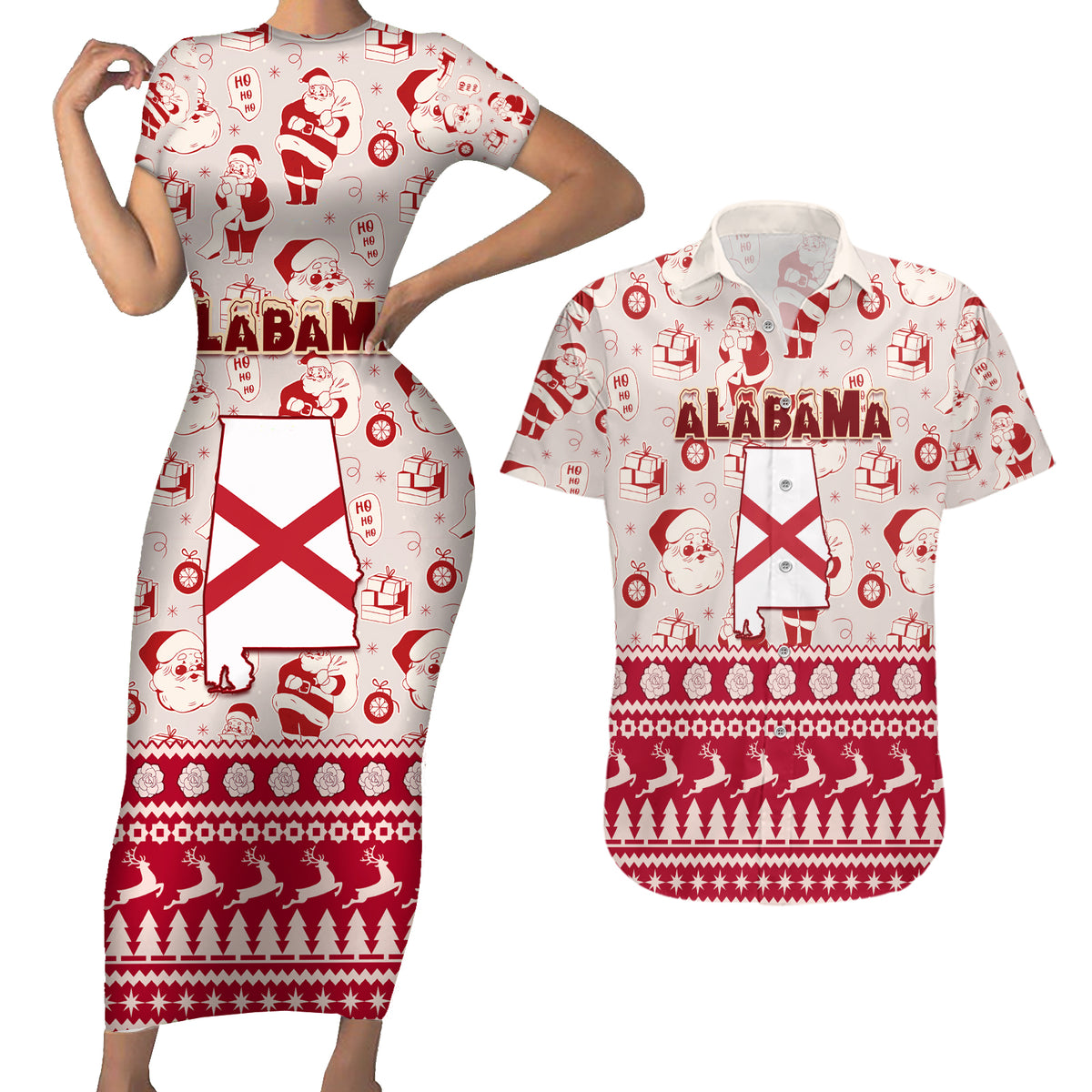 Custom Alabama Christmas Couples Matching Short Sleeve Bodycon Dress and Hawaiian Shirt Santa Claus Xmas Pattern - Wonder Print Shop
