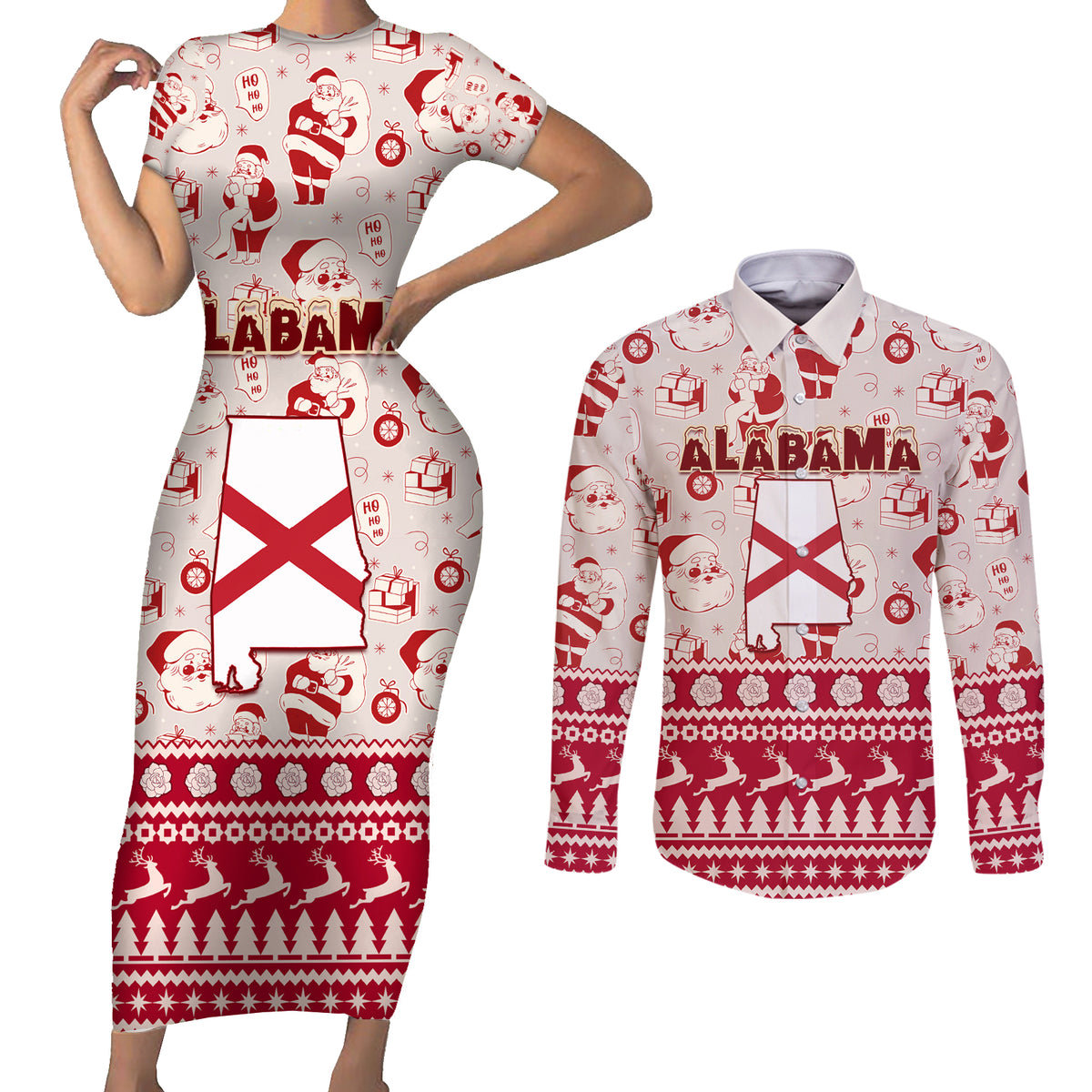 Custom Alabama Christmas Couples Matching Short Sleeve Bodycon Dress and Long Sleeve Button Shirt Santa Claus Xmas Pattern - Wonder Print Shop