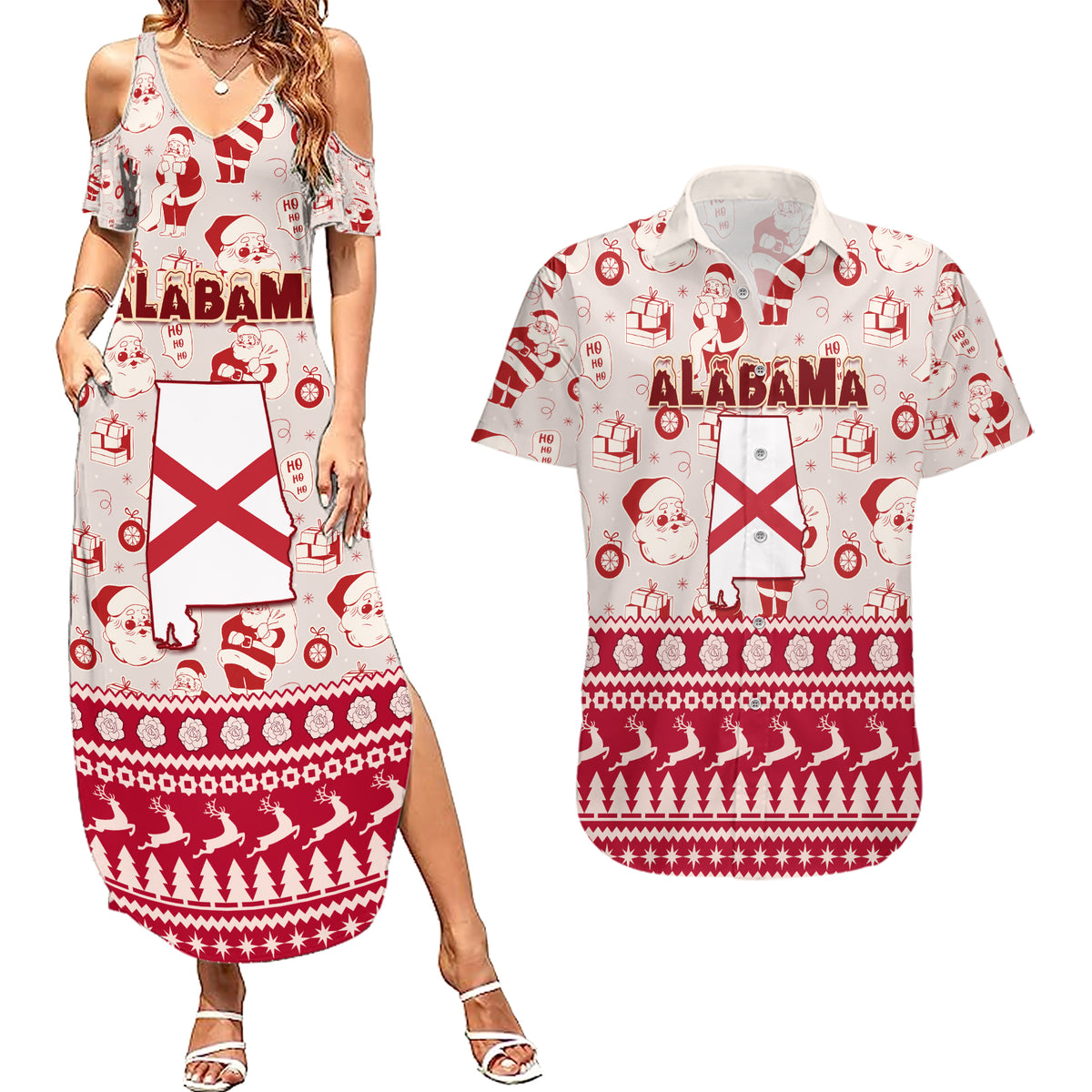 Custom Alabama Christmas Couples Matching Summer Maxi Dress and Hawaiian Shirt Santa Claus Xmas Pattern - Wonder Print Shop
