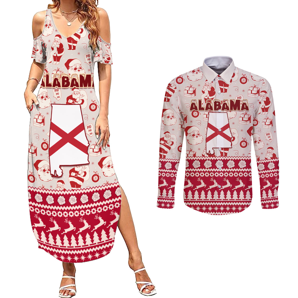 Custom Alabama Christmas Couples Matching Summer Maxi Dress and Long Sleeve Button Shirt Santa Claus Xmas Pattern - Wonder Print Shop