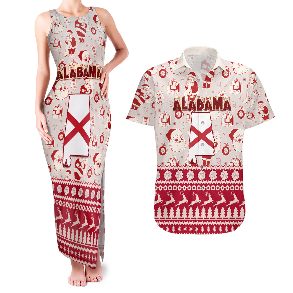 Custom Alabama Christmas Couples Matching Tank Maxi Dress and Hawaiian Shirt Santa Claus Xmas Pattern - Wonder Print Shop