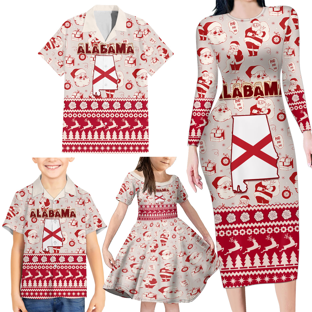 Custom Alabama Christmas Family Matching Long Sleeve Bodycon Dress and Hawaiian Shirt Santa Claus Xmas Pattern - Wonder Print Shop
