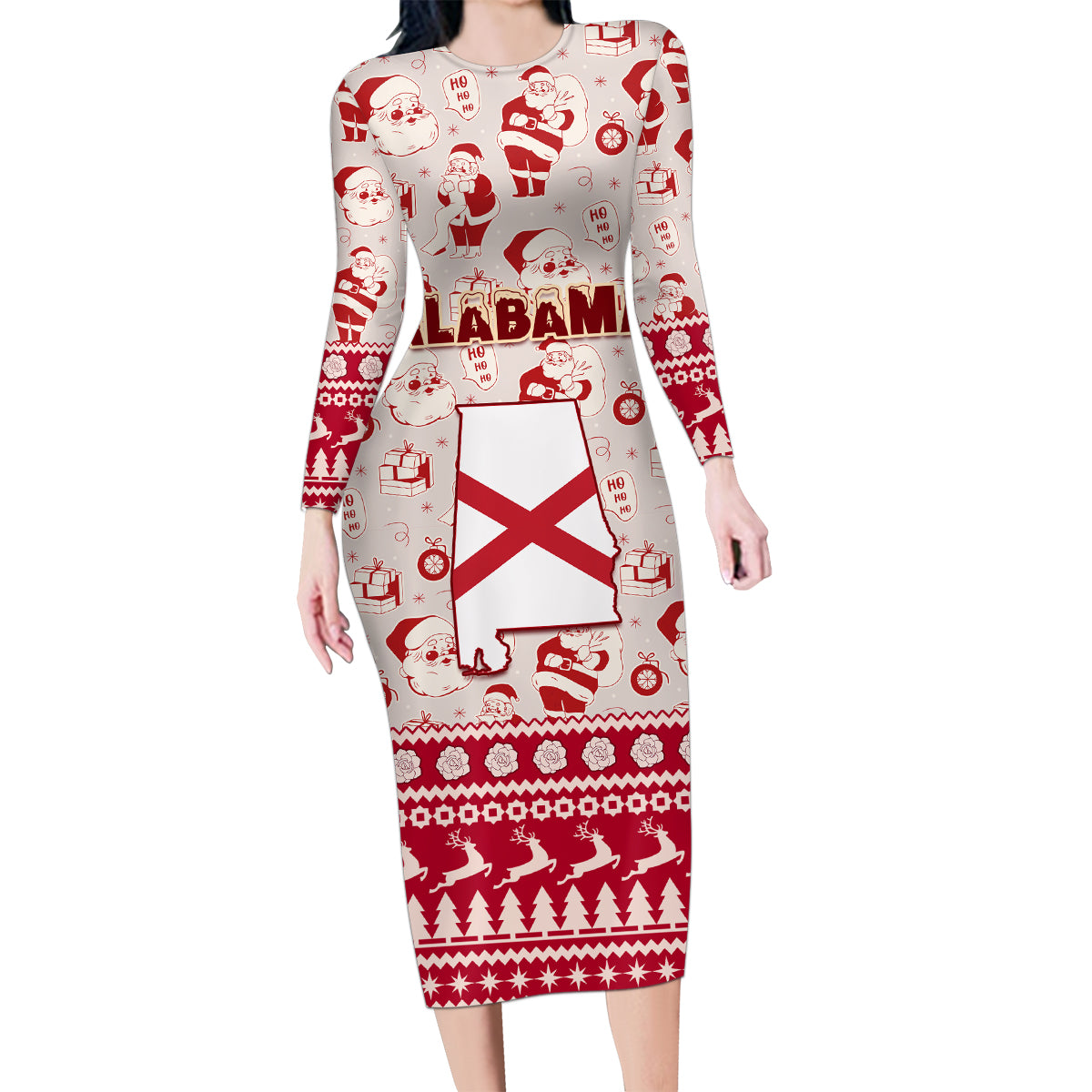 Custom Alabama Christmas Family Matching Long Sleeve Bodycon Dress and Hawaiian Shirt Santa Claus Xmas Pattern - Wonder Print Shop