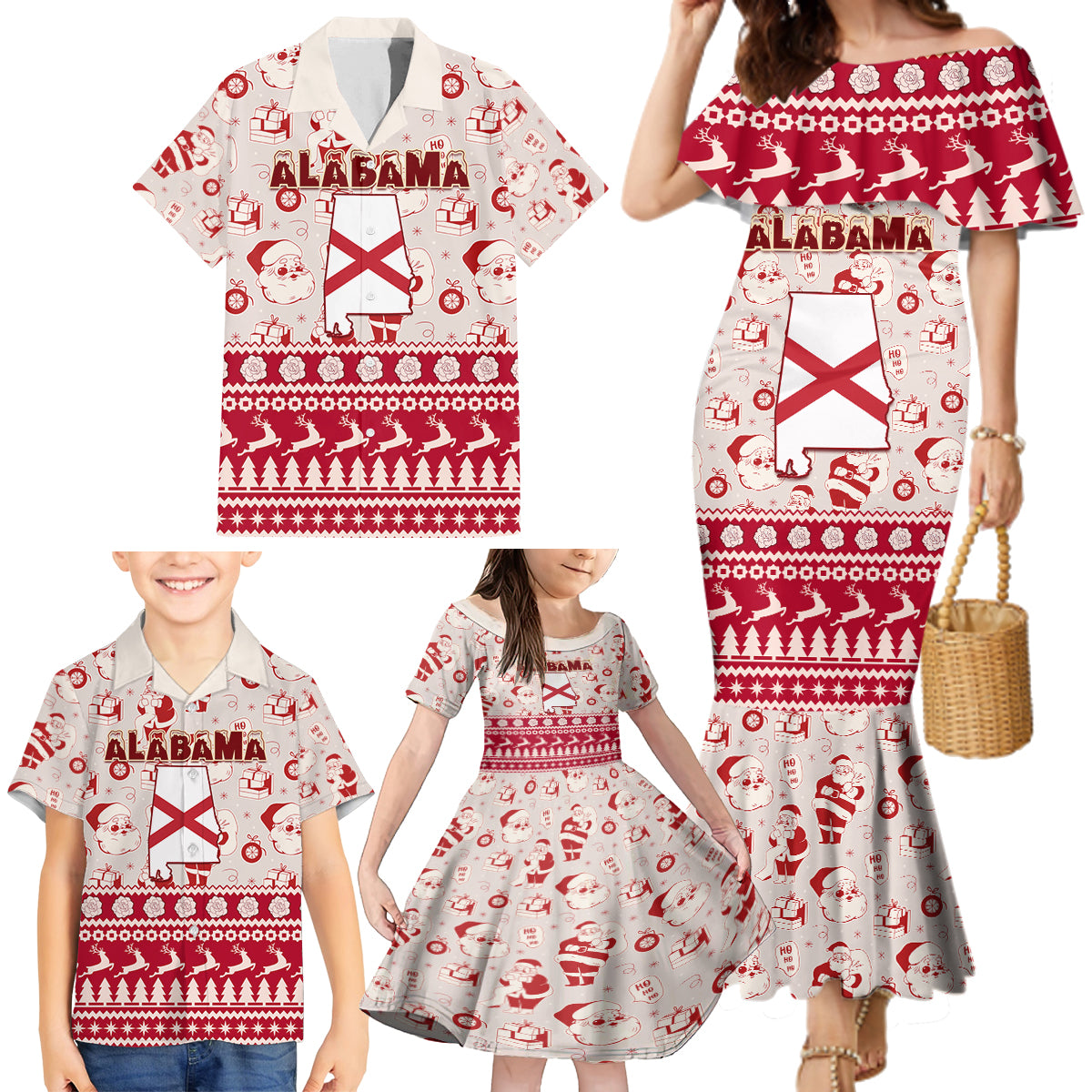 Custom Alabama Christmas Family Matching Mermaid Dress and Hawaiian Shirt Santa Claus Xmas Pattern - Wonder Print Shop
