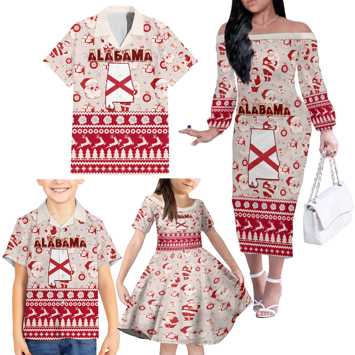 Custom Alabama Christmas Family Matching Off Shoulder Long Sleeve Dress and Hawaiian Shirt Santa Claus Xmas Pattern - Wonder Print Shop