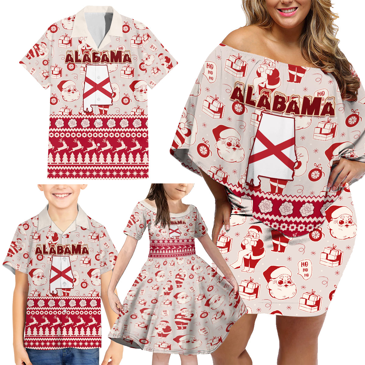 Custom Alabama Christmas Family Matching Off Shoulder Short Dress and Hawaiian Shirt Santa Claus Xmas Pattern - Wonder Print Shop