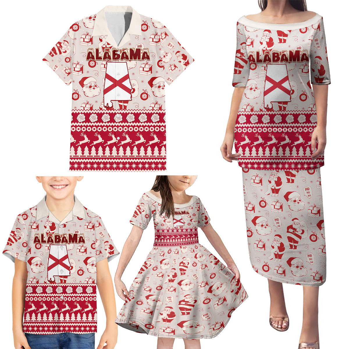 Custom Alabama Christmas Family Matching Puletasi Dress and Hawaiian Shirt Santa Claus Xmas Pattern - Wonder Print Shop