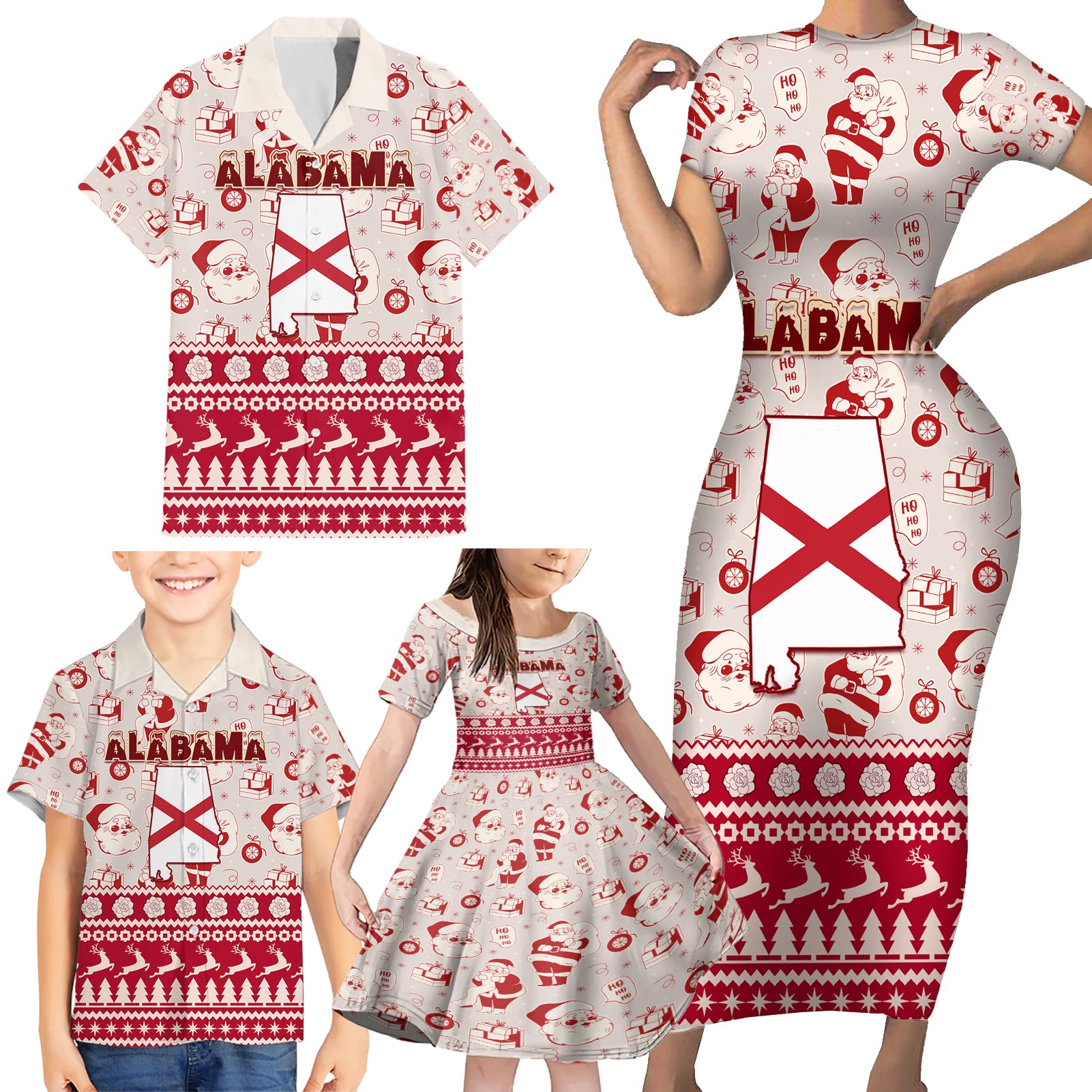 Custom Alabama Christmas Family Matching Short Sleeve Bodycon Dress and Hawaiian Shirt Santa Claus Xmas Pattern - Wonder Print Shop