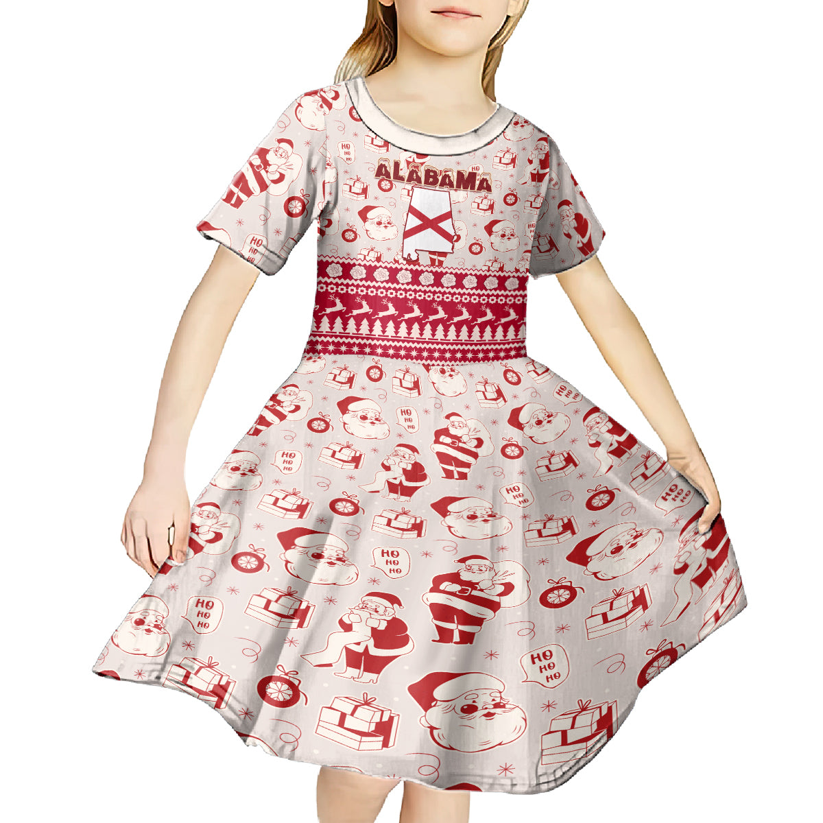 Custom Alabama Christmas Kid Short Sleeve Dress Santa Claus Xmas Pattern - Wonder Print Shop