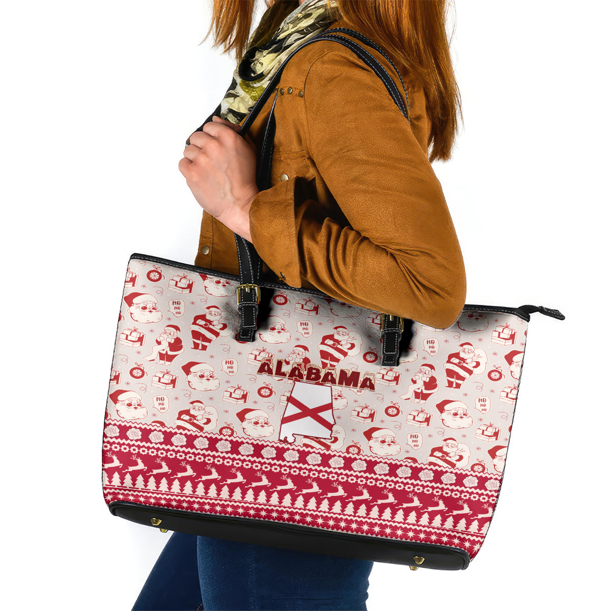 Custom Alabama Christmas Leather Tote Bag Santa Claus Xmas Pattern - Wonder Print Shop