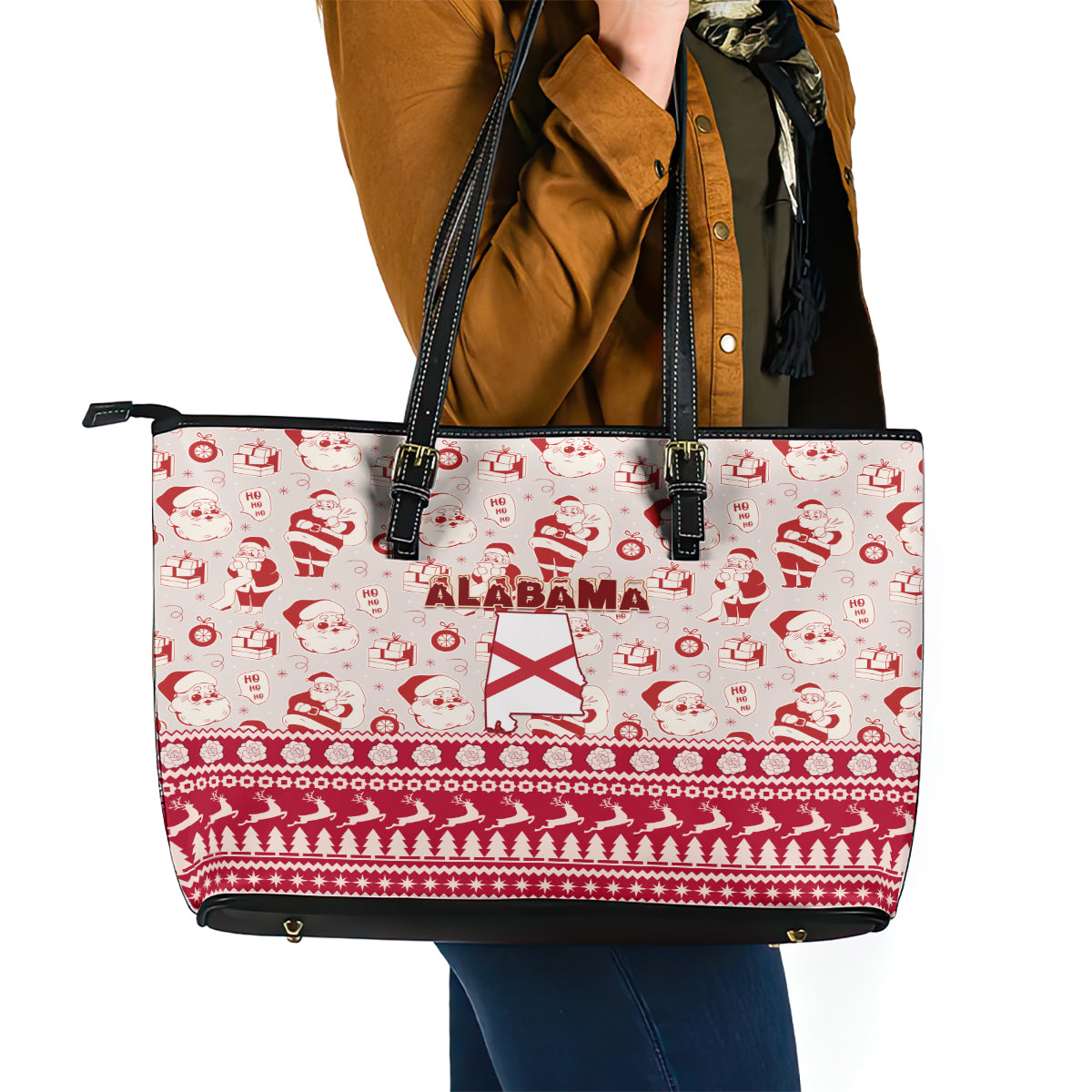 Custom Alabama Christmas Leather Tote Bag Santa Claus Xmas Pattern - Wonder Print Shop