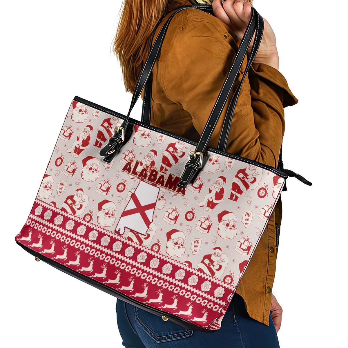 Custom Alabama Christmas Leather Tote Bag Santa Claus Xmas Pattern - Wonder Print Shop
