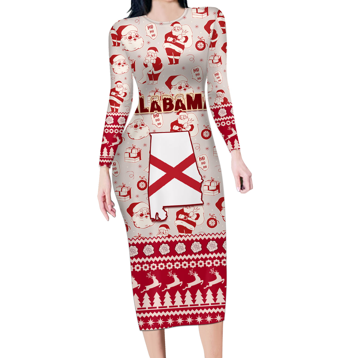 Custom Alabama Christmas Long Sleeve Bodycon Dress Santa Claus Xmas Pattern - Wonder Print Shop