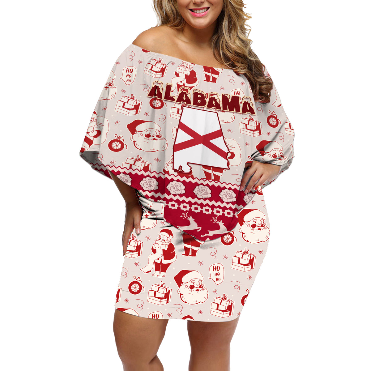 Custom Alabama Christmas Off Shoulder Short Dress Santa Claus Xmas Pattern - Wonder Print Shop