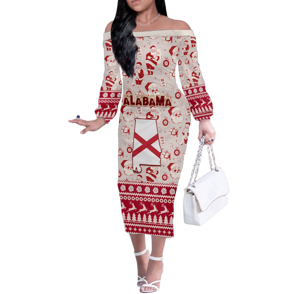 Custom Alabama Christmas Off The Shoulder Long Sleeve Dress Santa Claus Xmas Pattern - Wonder Print Shop
