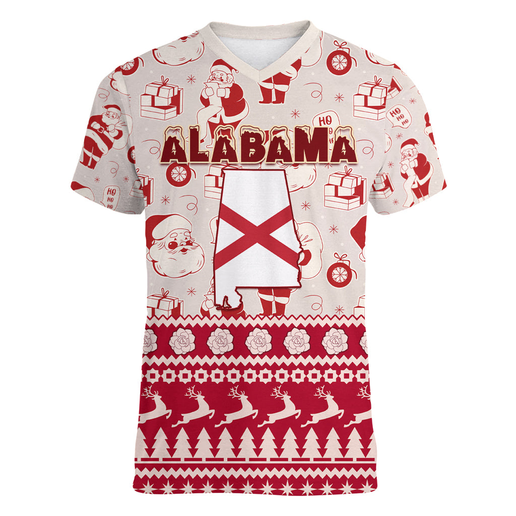 Custom Alabama Christmas Women V Neck T Shirt Santa Claus Xmas Pattern - Wonder Print Shop