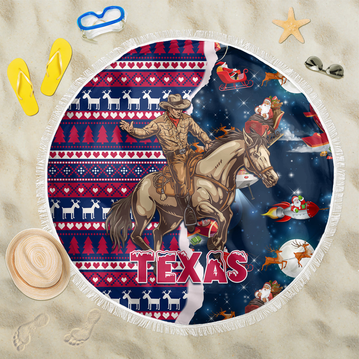Custom Texas Christmas Beach Blanket Cowboy With Santa Claus In Space - Wonder Print Shop