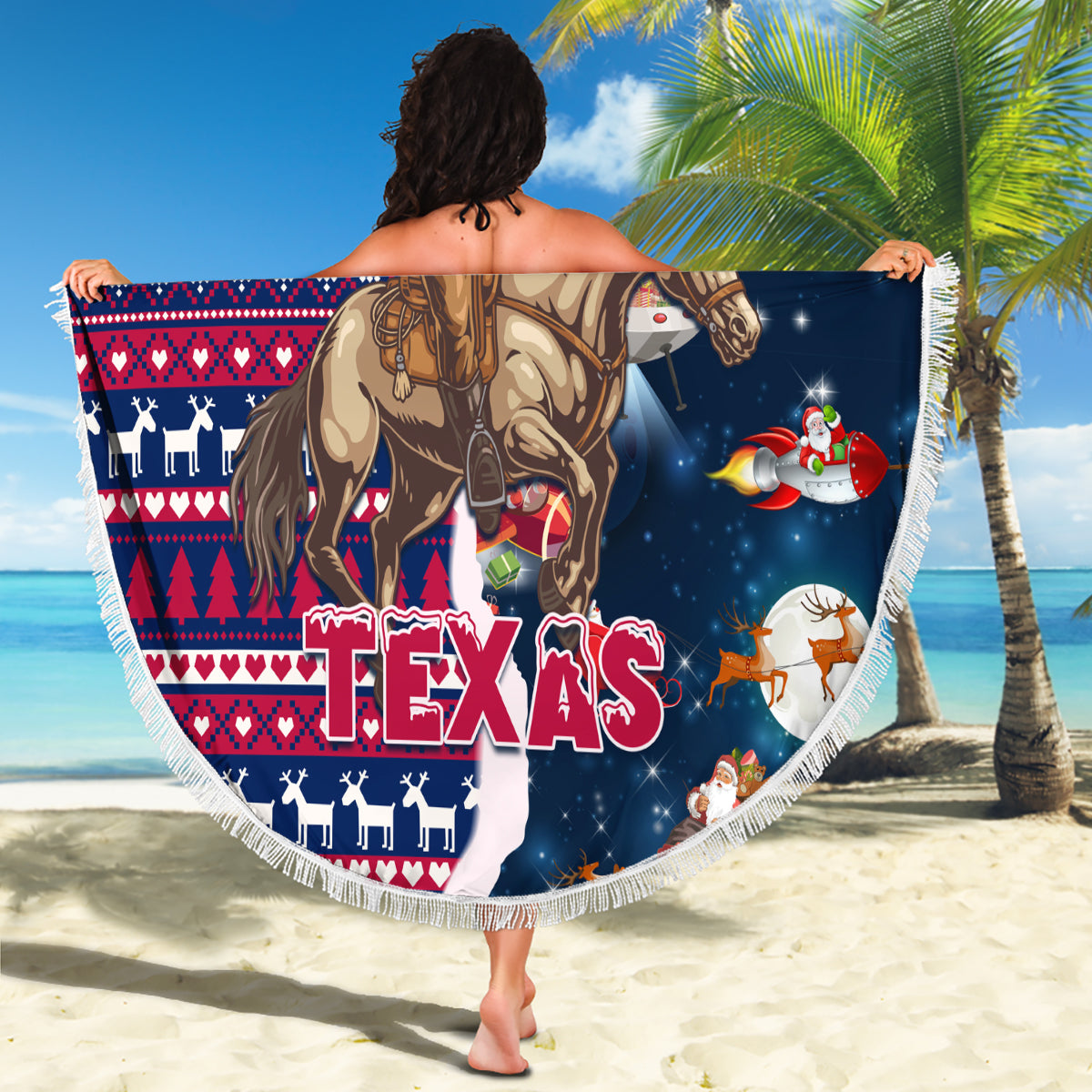 Custom Texas Christmas Beach Blanket Cowboy With Santa Claus In Space - Wonder Print Shop
