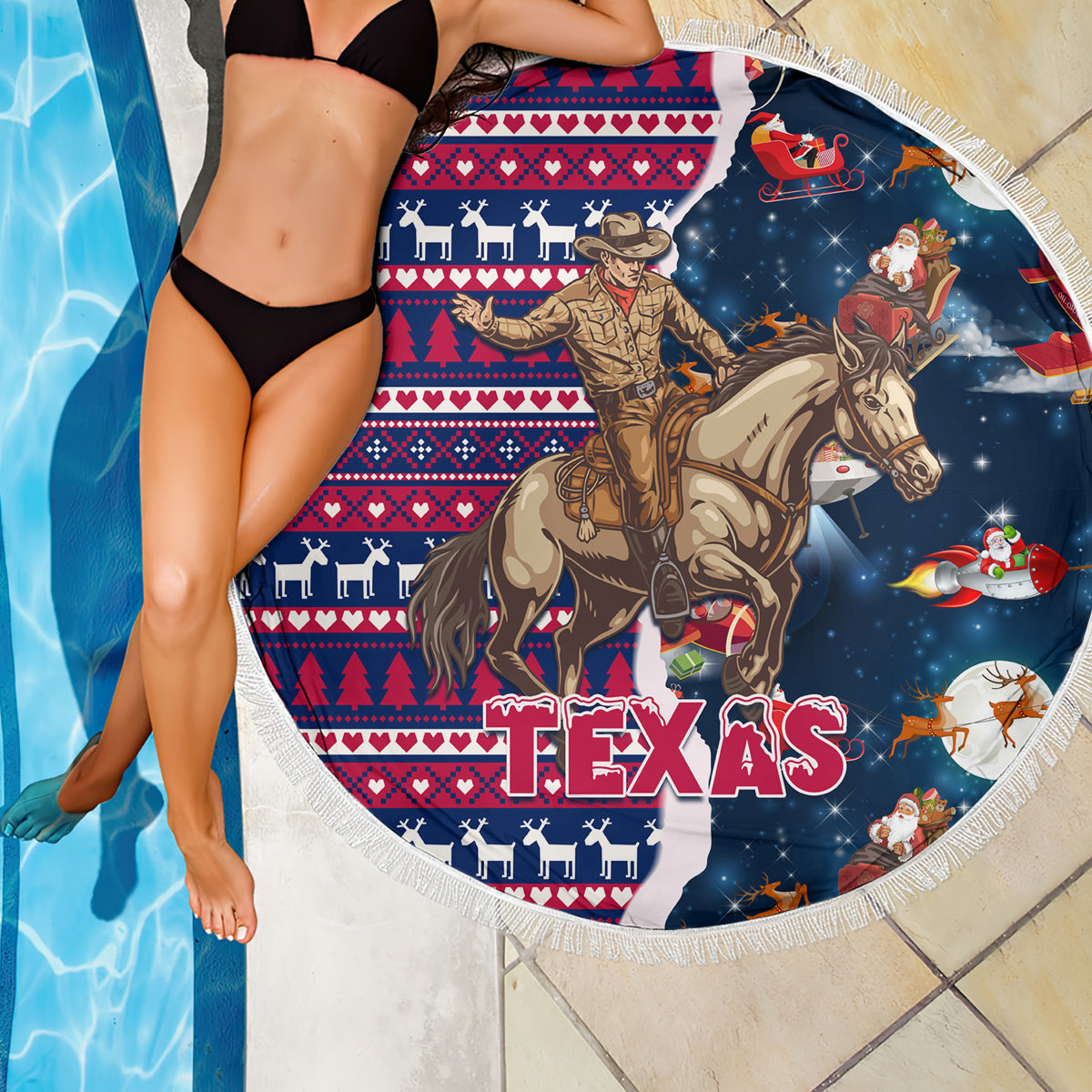 Custom Texas Christmas Beach Blanket Cowboy With Santa Claus In Space - Wonder Print Shop