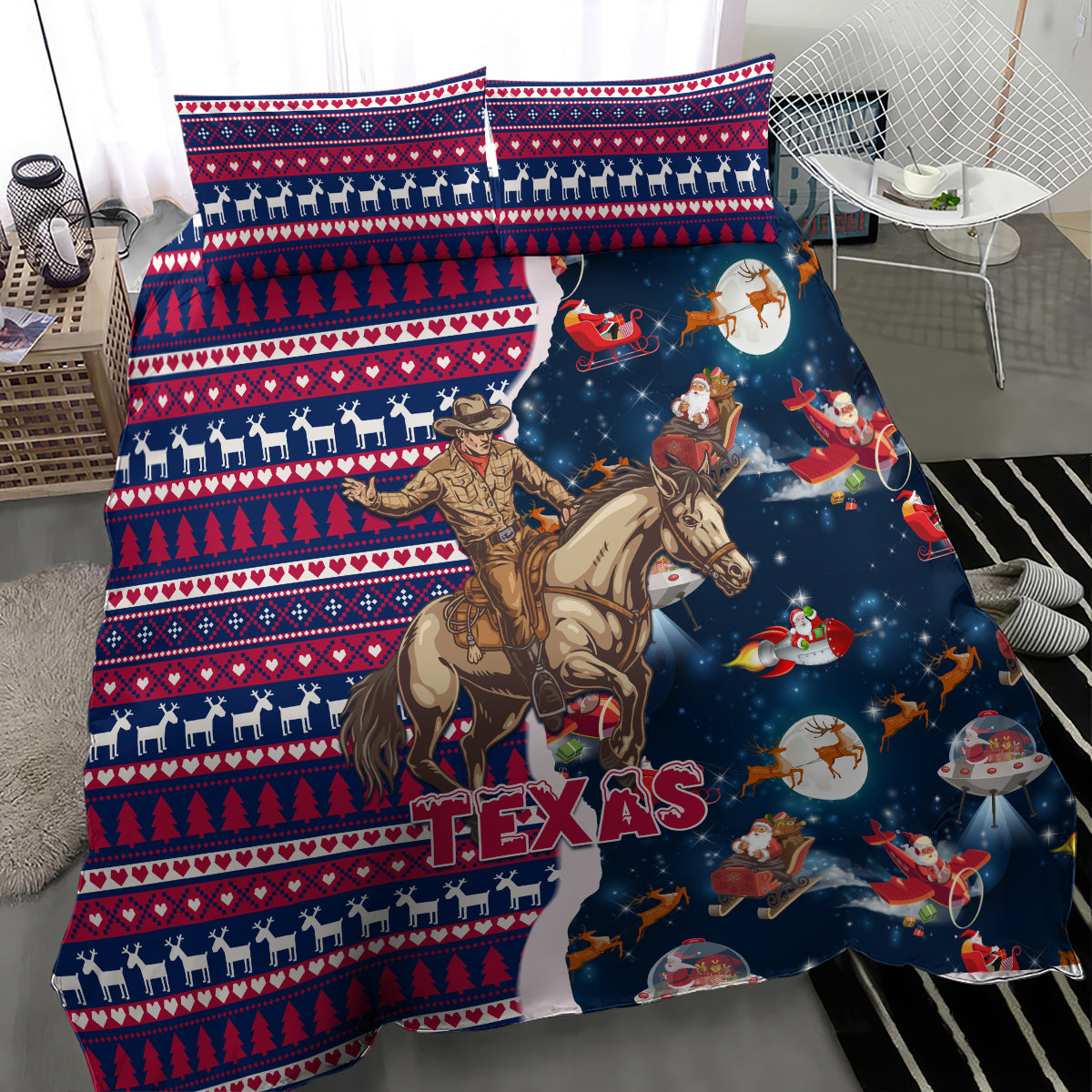Custom Texas Christmas Bedding Set Cowboy With Santa Claus In Space - Wonder Print Shop