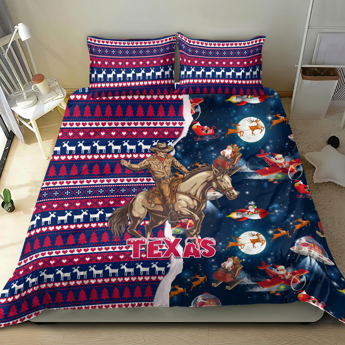 Custom Texas Christmas Bedding Set Cowboy With Santa Claus In Space - Wonder Print Shop