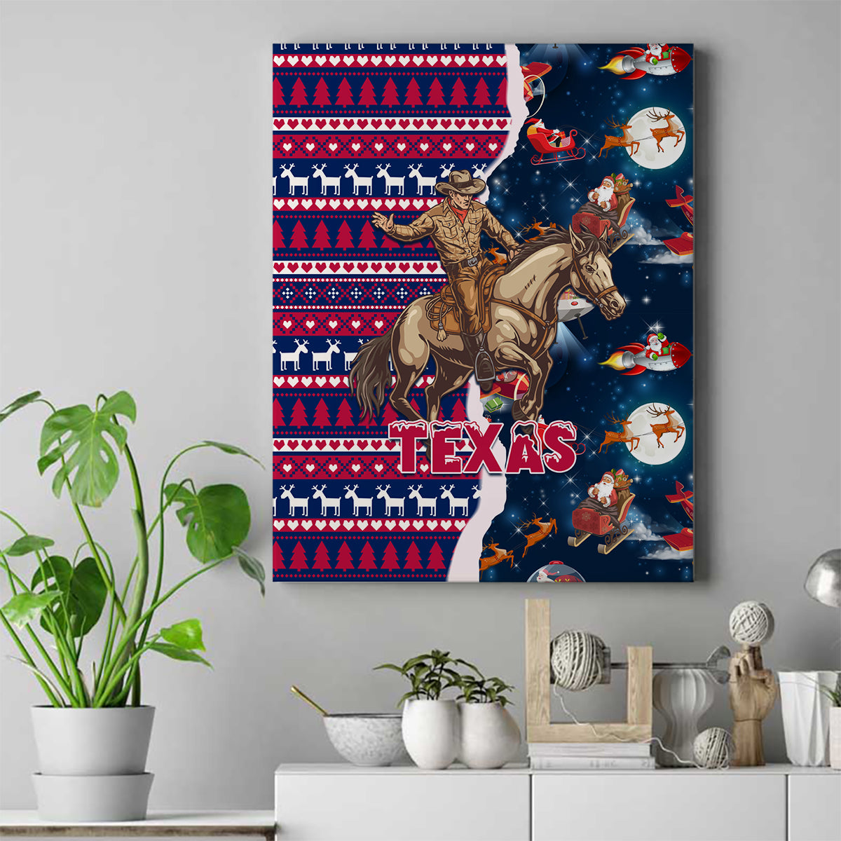 Custom Texas Christmas Canvas Wall Art Cowboy With Santa Claus In Space - Wonder Print Shop