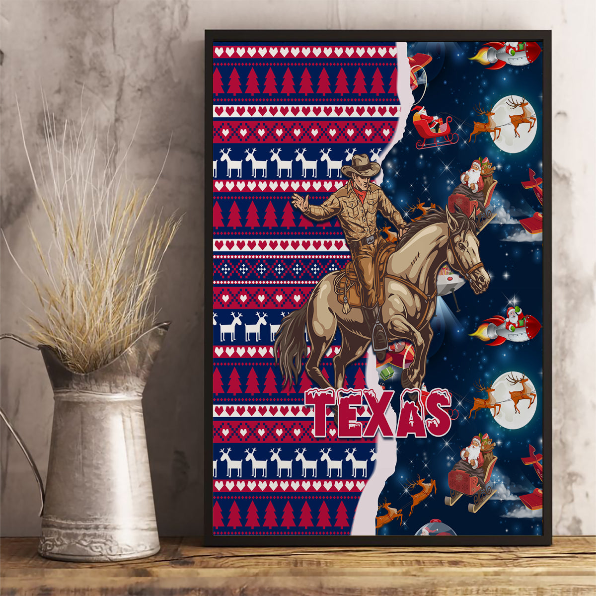 Custom Texas Christmas Canvas Wall Art Cowboy With Santa Claus In Space - Wonder Print Shop