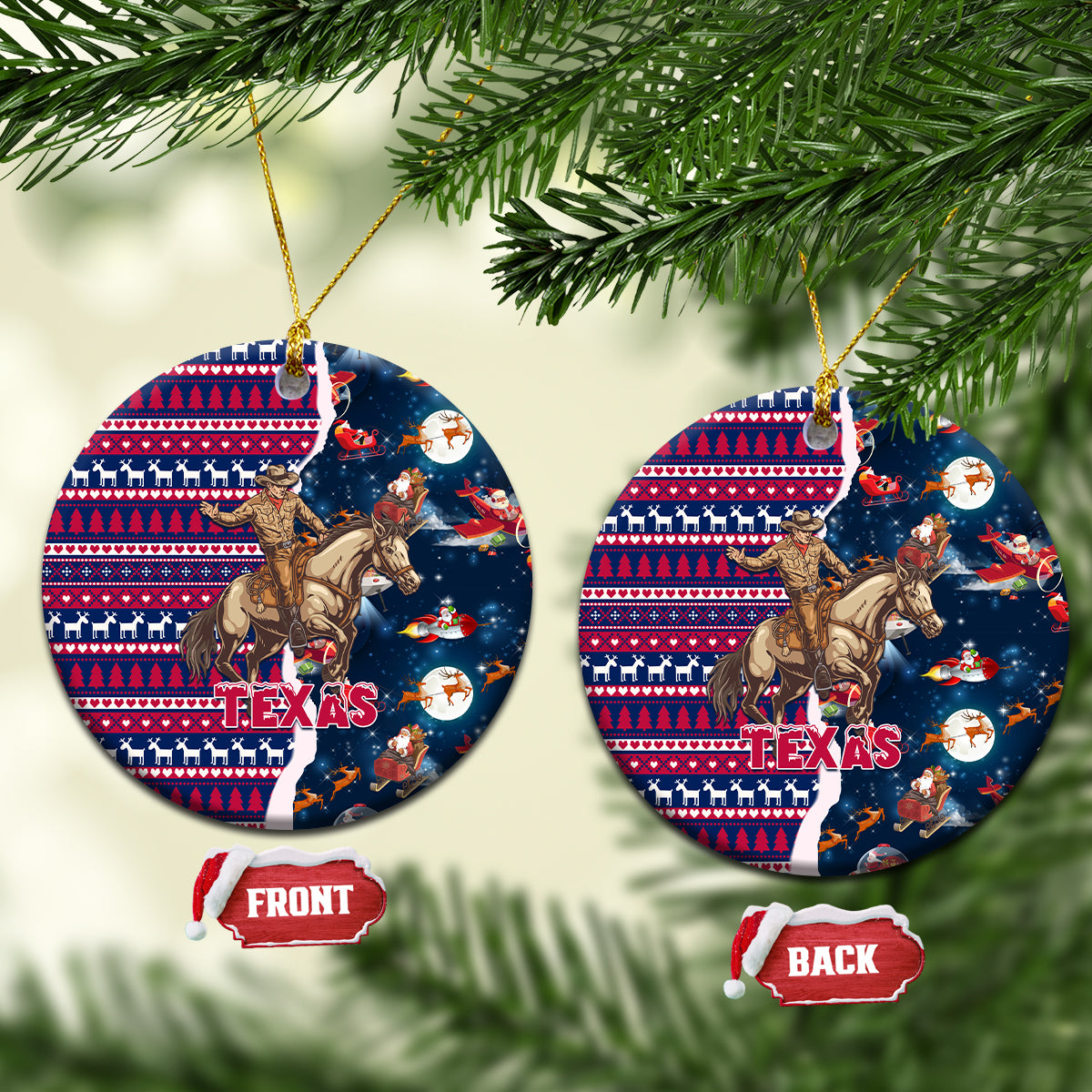 Texas Christmas Ceramic Ornament Cowboy With Santa Claus In Space - Wonder Print Shop
