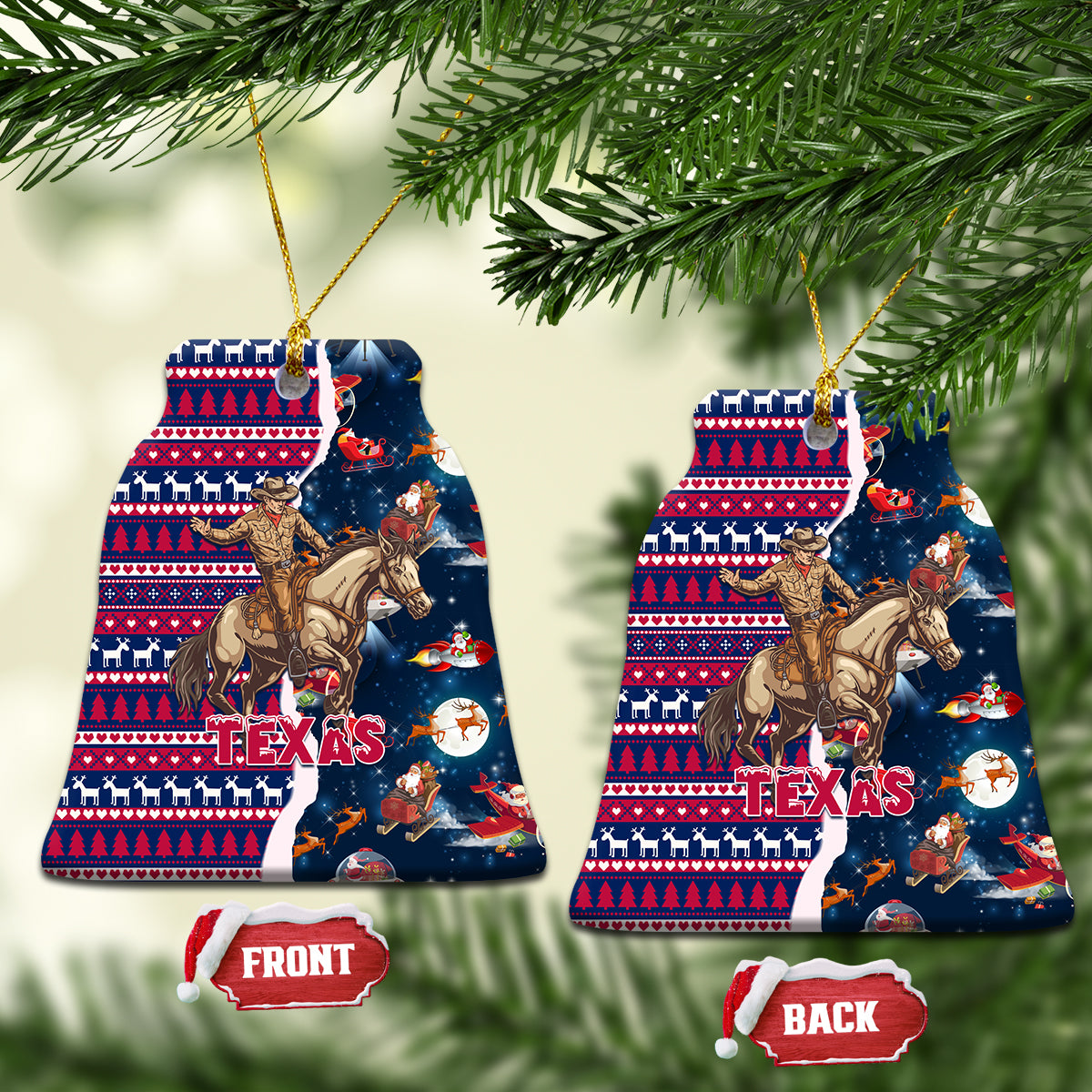 Texas Christmas Ceramic Ornament Cowboy With Santa Claus In Space - Wonder Print Shop