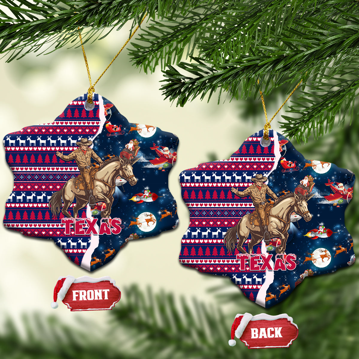 Texas Christmas Ceramic Ornament Cowboy With Santa Claus In Space - Wonder Print Shop