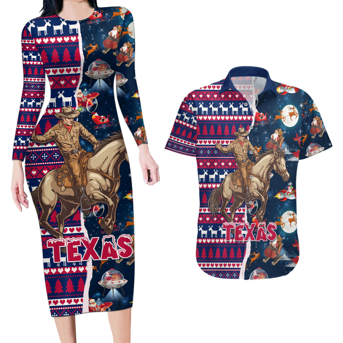 Custom Texas Christmas Couples Matching Long Sleeve Bodycon Dress and Hawaiian Shirt Cowboy With Santa Claus In Space - Wonder Print Shop