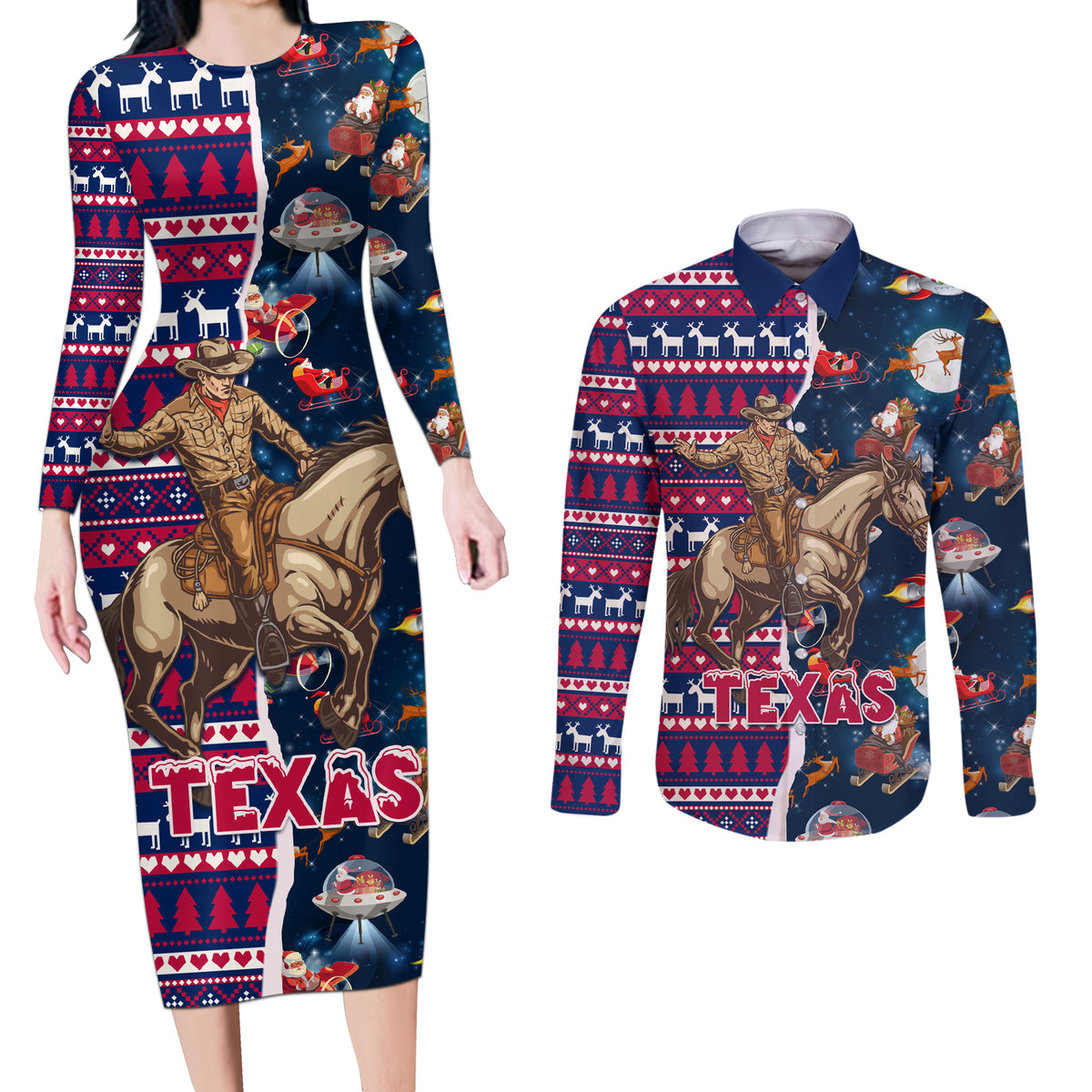 Custom Texas Christmas Couples Matching Long Sleeve Bodycon Dress and Long Sleeve Button Shirt Cowboy With Santa Claus In Space - Wonder Print Shop