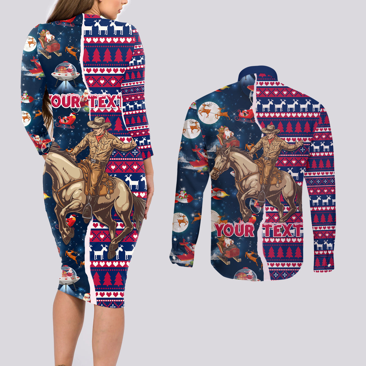Custom Texas Christmas Couples Matching Long Sleeve Bodycon Dress and Long Sleeve Button Shirt Cowboy With Santa Claus In Space - Wonder Print Shop