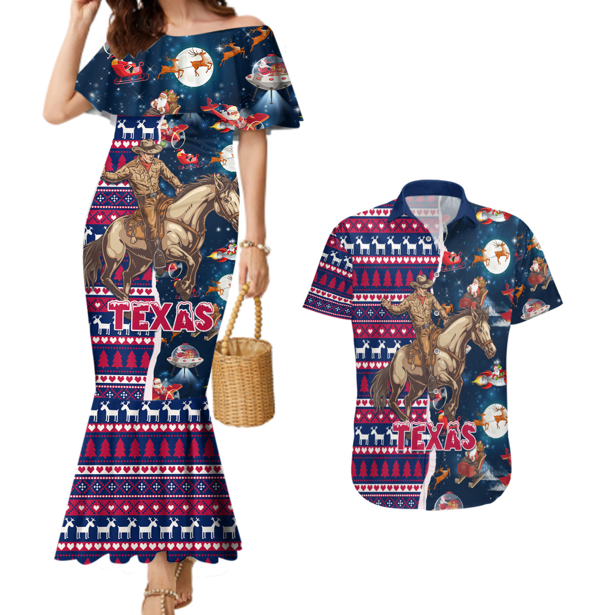 Custom Texas Christmas Couples Matching Mermaid Dress and Hawaiian Shirt Cowboy With Santa Claus In Space - Wonder Print Shop