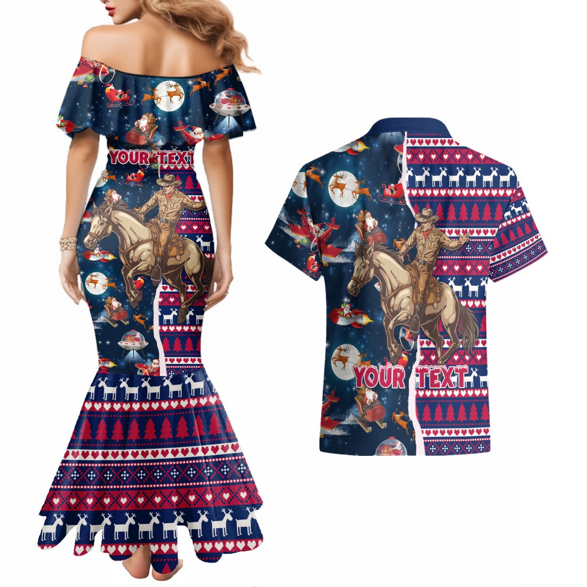 Custom Texas Christmas Couples Matching Mermaid Dress and Hawaiian Shirt Cowboy With Santa Claus In Space - Wonder Print Shop