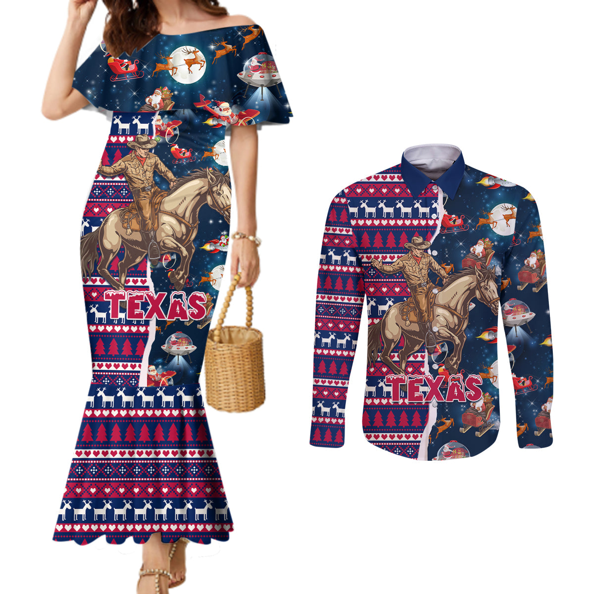 Custom Texas Christmas Couples Matching Mermaid Dress and Long Sleeve Button Shirt Cowboy With Santa Claus In Space LT01