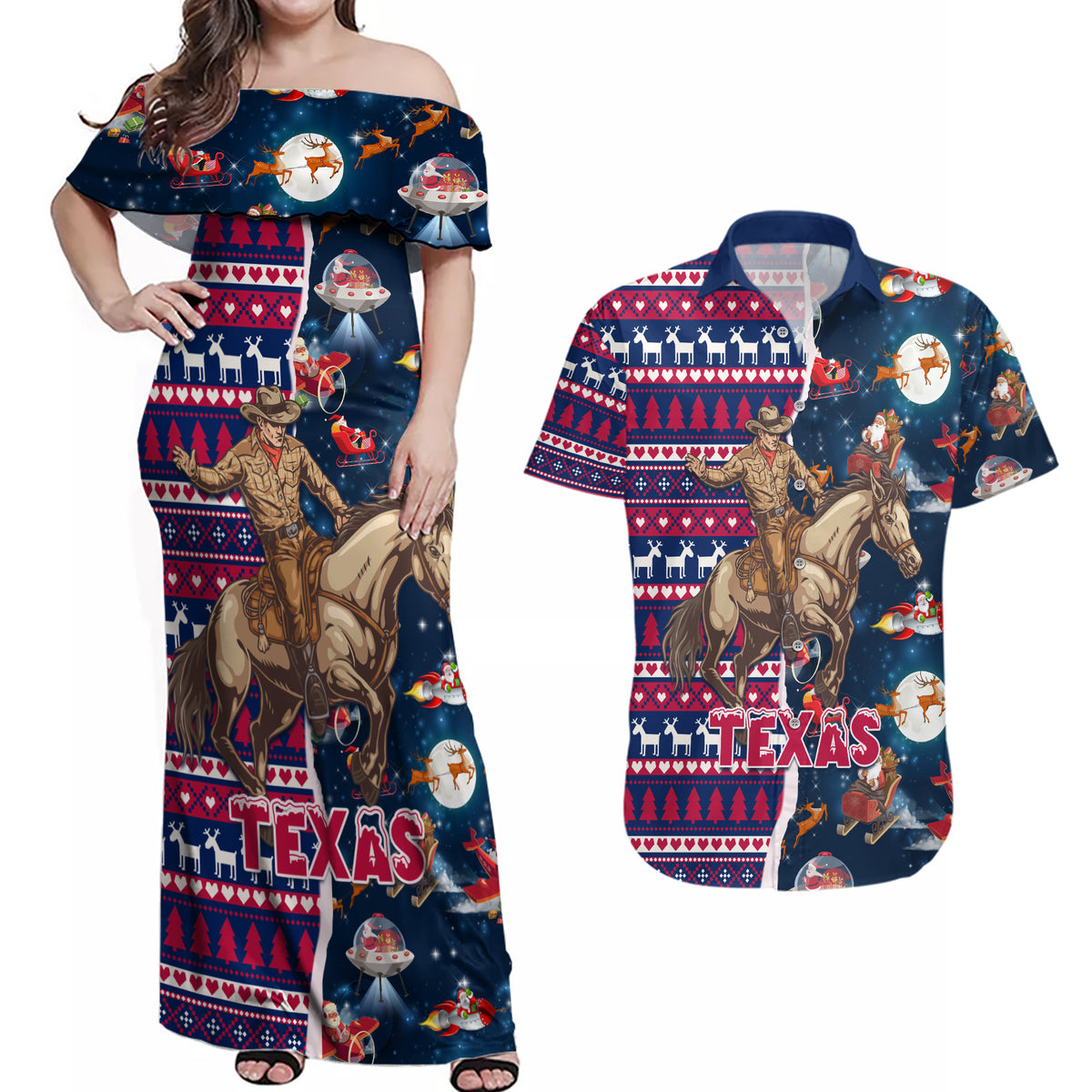 Custom Texas Christmas Couples Matching Off Shoulder Maxi Dress and Hawaiian Shirt Cowboy With Santa Claus In Space - Wonder Print Shop