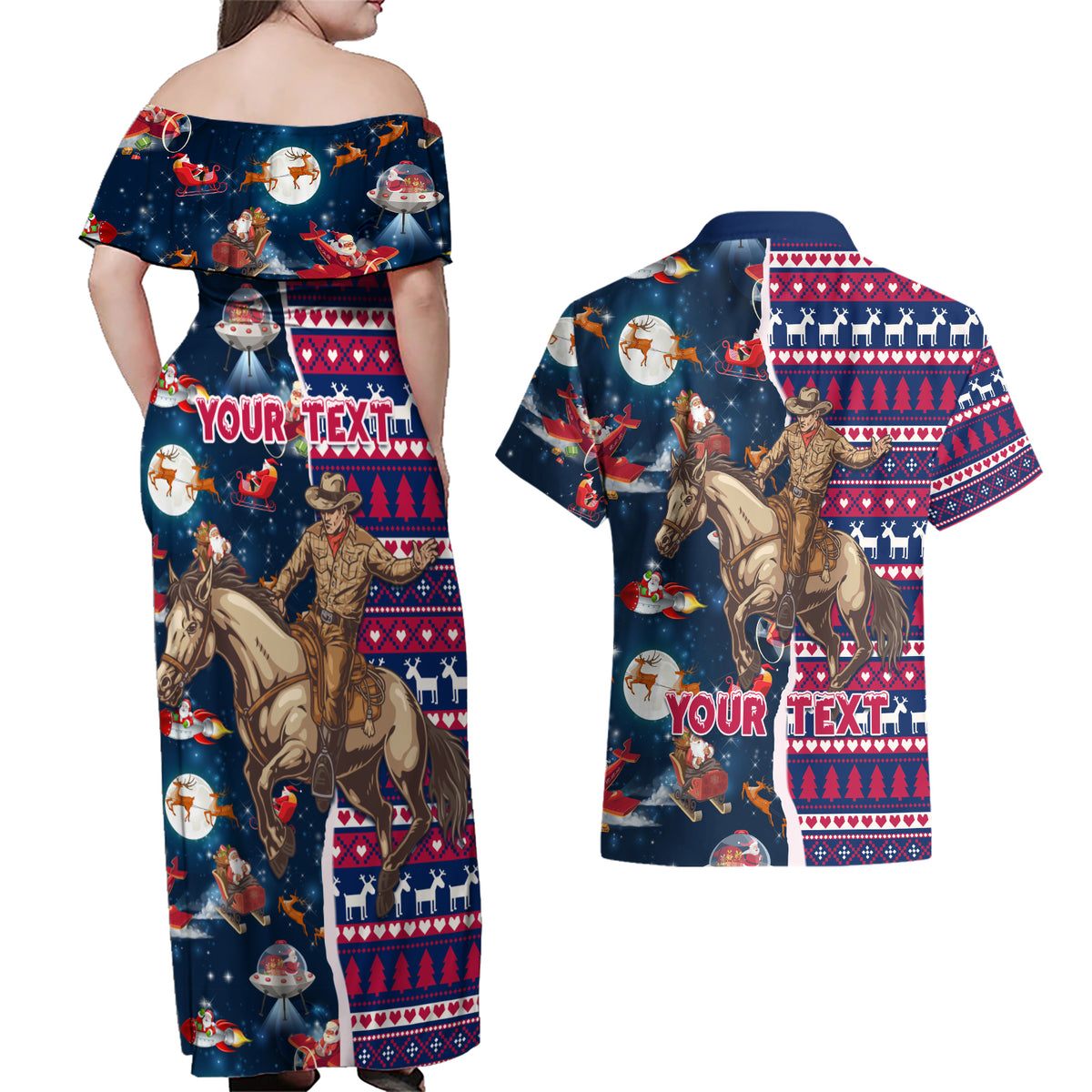 Custom Texas Christmas Couples Matching Off Shoulder Maxi Dress and Hawaiian Shirt Cowboy With Santa Claus In Space - Wonder Print Shop