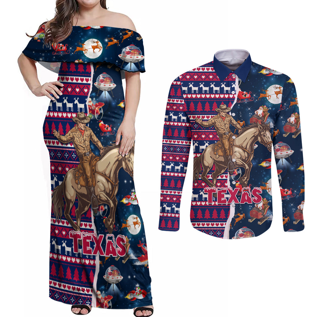 Custom Texas Christmas Couples Matching Off Shoulder Maxi Dress and Long Sleeve Button Shirt Cowboy With Santa Claus In Space - Wonder Print Shop