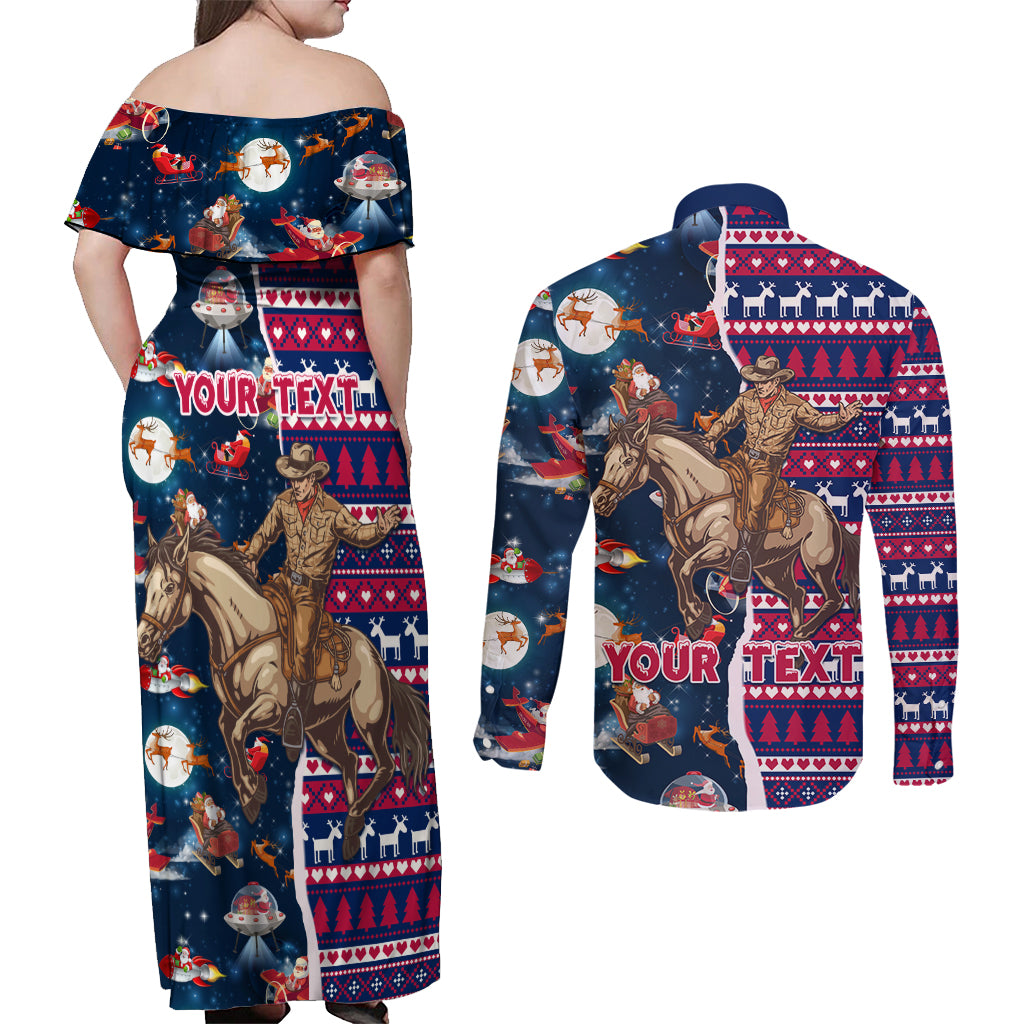 Custom Texas Christmas Couples Matching Off Shoulder Maxi Dress and Long Sleeve Button Shirt Cowboy With Santa Claus In Space - Wonder Print Shop